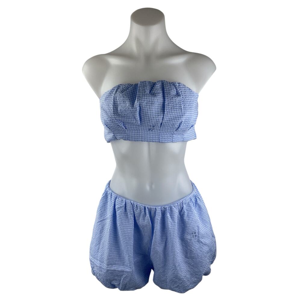 NEW 1987 Blue Gingham Check Strapless Tube Balloon Top Shorts 2 Piece Set Size S